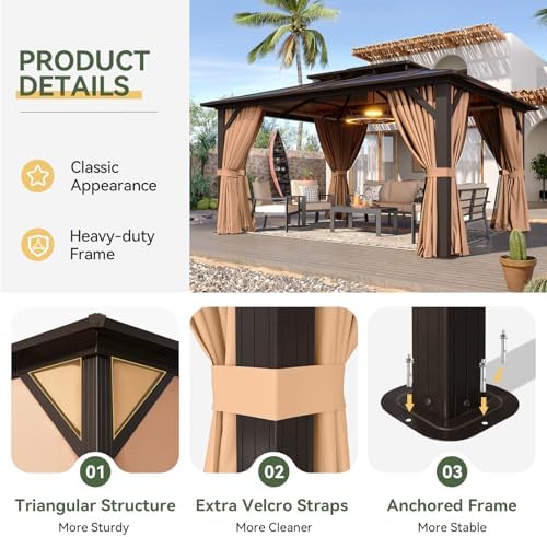 Aoxun 12'x10' Hardtop Gazebo with Polycarbonate Double Roof, Brown