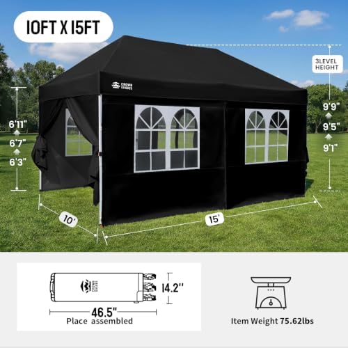 CROWN SHADES 10X15 Pop Up Canopy Tent with Sidewalls, Instant Setup, Black