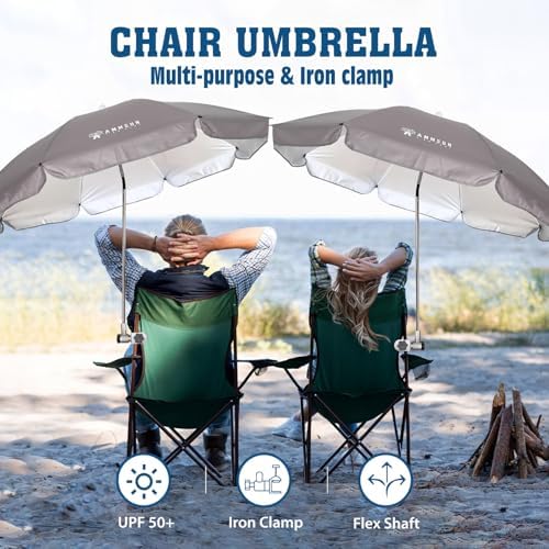 AMMSUN Chair Umbrella with Universal Clamp Adjustable 47 inches and 360° Swivel & UPF 50+ Protection Portable Sun Umbrella, Secure Clip on Camping/Beach Chairs, Stroller, Wheelchair, Golf cart, Lounger, Grey, 2 PACK