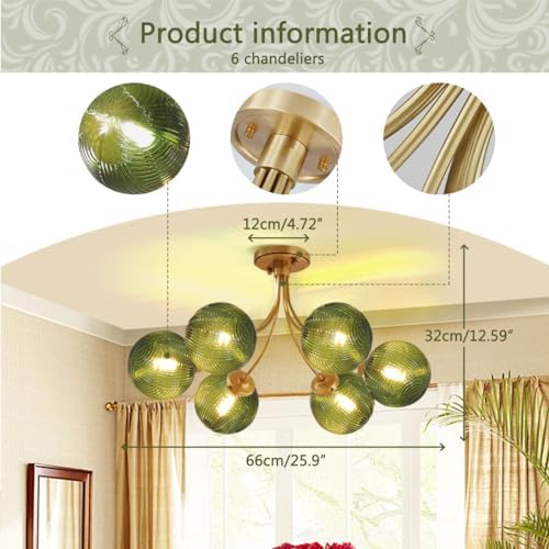 mid century 6-light gold chandelier green flush mount, side view