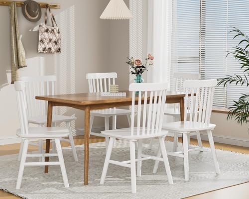 Dining Chairs Set of 6, Farmhouse Solid Wood Windsor Kitchen Chairs Set with Spindle Back for Restaurant Dining Room (6, White, 17.3" W x 16.1" D x 34.6" H)