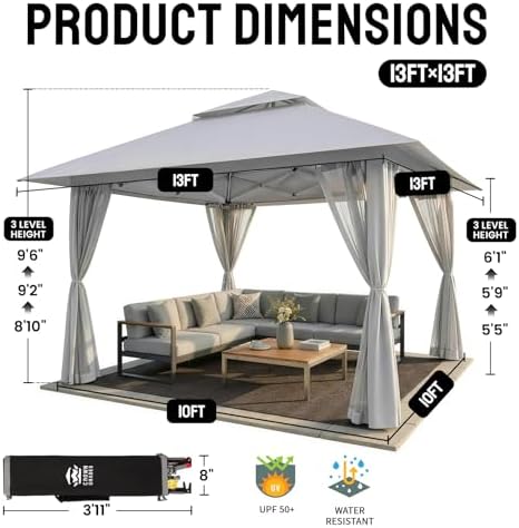 CROWN SHADES 13x13 Pop Up Gazebo, Outdoor Canopy Tent, Grey