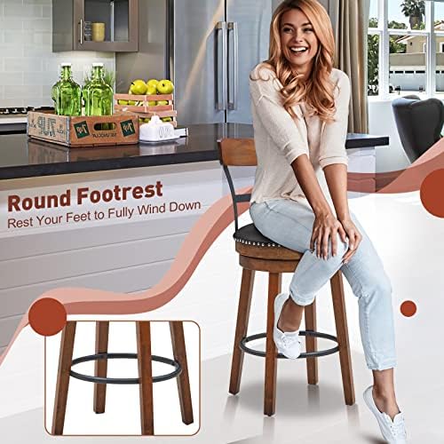 GIANTEX Bar Stools Set of 2-25.5" Counter Height Swivel Rubber Wood Barstools with Soft Padded Seat Cushions, Footrests, Easy Assembly Armless Farmhouse Kitchen Island Bar Chairs with Back, Brown