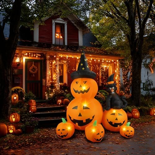 6Ft Halloween Inflatable Decorations Pumpkins Patch Lanterns with Black Cat with Build-in LEDs Blow Up Inflatables for Outdoor Decoration Balcony Home Lawn Patio