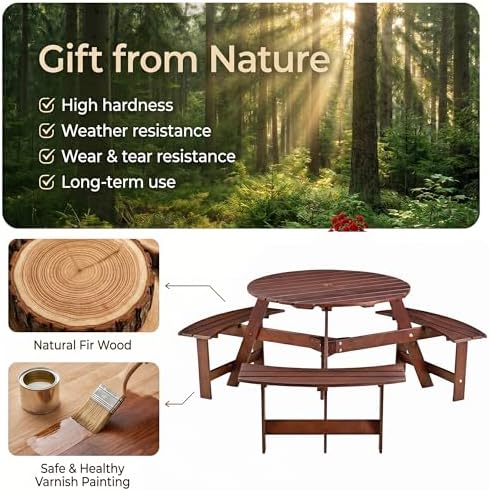Round 6 Person Outdoor Picnic Table with 3 Built-in Benches