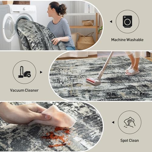 8x10 Area Rugs for Living Room: Washable Abstract Black Grey Gold Carpet