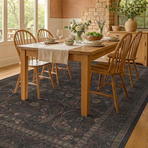 Washable 8x10 Area Rugs for Living Room, Black and Brown Halloween Rug for Bedroom Dining Room, Moody Floral Farmhouse Western Style Decor, Large Gold Southwest Non Slip Low Pile Carpet (Dark Brown)