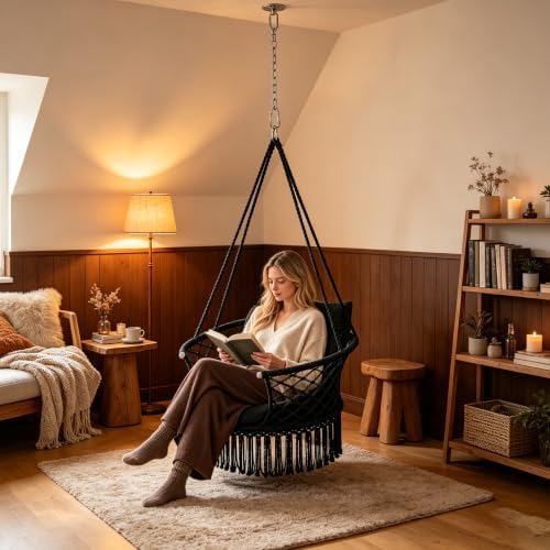 Athena Collection Macrame Hammock Chair with Mounting Hardware Kit, Black