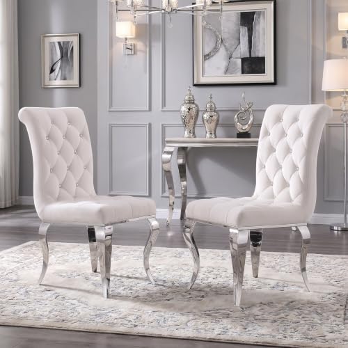 White Velvet Dining Chairs with Silver Mirrored Legs, Set of 6