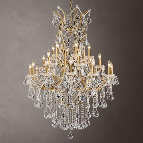 24 Lights Large Crystal Chandeliers for High Ceilings Brass Maria Theresa Chandelier Modern Chandelier Light Fixture for Foyer Living Room Hallway Entryway Staircase 55.1" H x 39.4" D