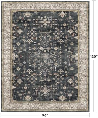 Black Farmhouse Washable 8x10 Area Rugs for Living Room, Bedroom, Dining Room Kitchen Table Rug for Under Table, Office, Dark Charcoal Tumble Stain Resistant Non-Slip Large Washable (8x10 Black/Multi)