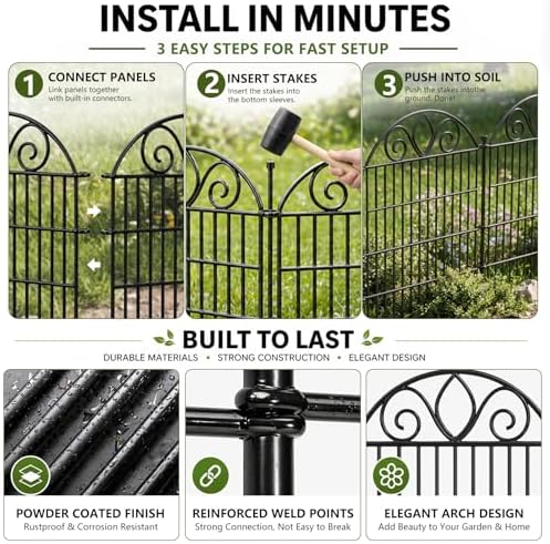 No Dig Garden Fence Outdoor for Yard, 10 Panels with Gate