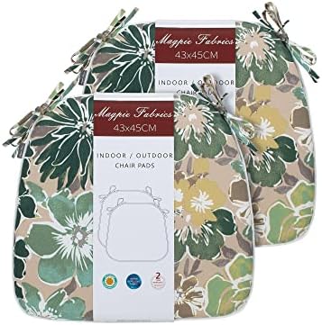 Magpie Fabrics 17"x16"x2" U-Shape Chair Cushions with Ties 2 Count, Outdoor Indoor Waterproof All Weather Seat Pads Decoration for Patio Garden Dining Office - Green Floral