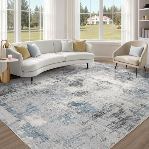 Abstract 8x10 Area Rug: Machine Washable Non Slip Ultra Thin Low-Pile Carpet, Soft Stain Resistant for Living Dining Room Bedroom, Kid Pet Friendly, Robot Vacuum Compatible - Grey Blue