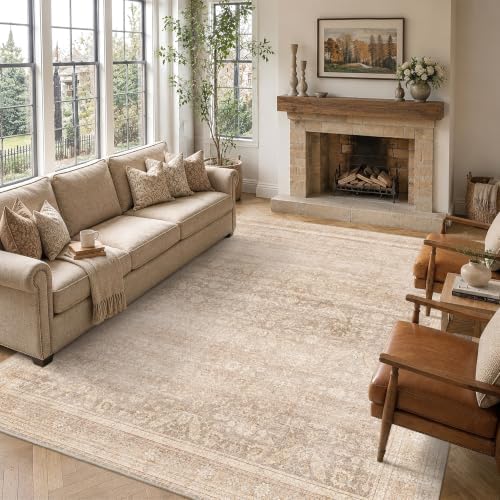 Schweek 8x10 Neutral Area Rug Vintage Washable Rugs for Living Room Beige