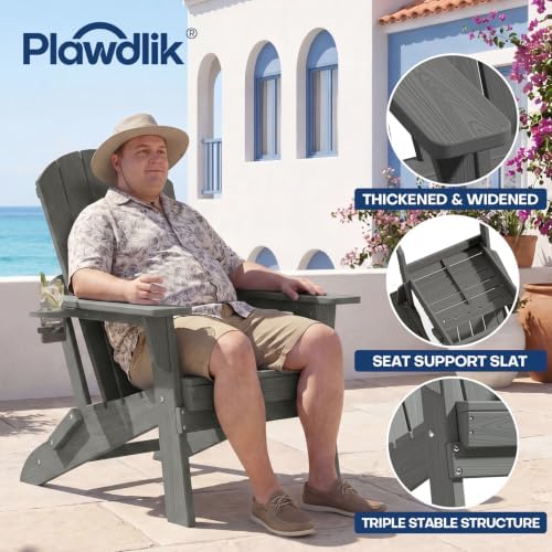 Plawdlik Folding Adirondack Chair Set of 6 with Cup Holder，Wooden Textured ，Heavy All-Weather HDPE Comfortable Set Poolside Backyard Lawn, Gray