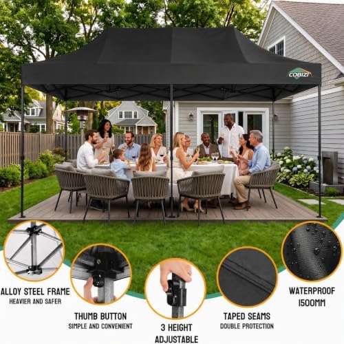 COBIZI 10x20 Heavy Duty Pop Up Canopy Tent with 6 Sidewalls, Black