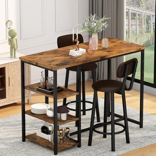 Kitchen Dining Table Set for 2, Bar Table and Chairs Set with 3 Storage Shelves, Tall Dining with 2 PU Leather Backrest Stools for Small Space, Kitchen Island, Apartment, Brown