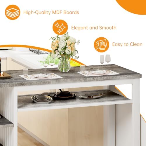 DKLGG 3-Piece Bar Table and Chairs Set, Counter Height Dining Table Set with Storage & 2 Upholstered Stools, Hightop Kitchen Bar Table for Small Space, Pub & Bistro
