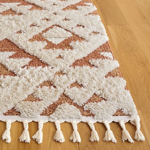 SAFAVIEH Moroccan Tassel Shag Collection Area Rug - 5'3" x 7'6", Ivory & Brick Rust, Non-Shedding & Easy to Clean, Plush High-Low Texture, Ideal for Living Room, Bedroom, Dining Space (MTS688P)