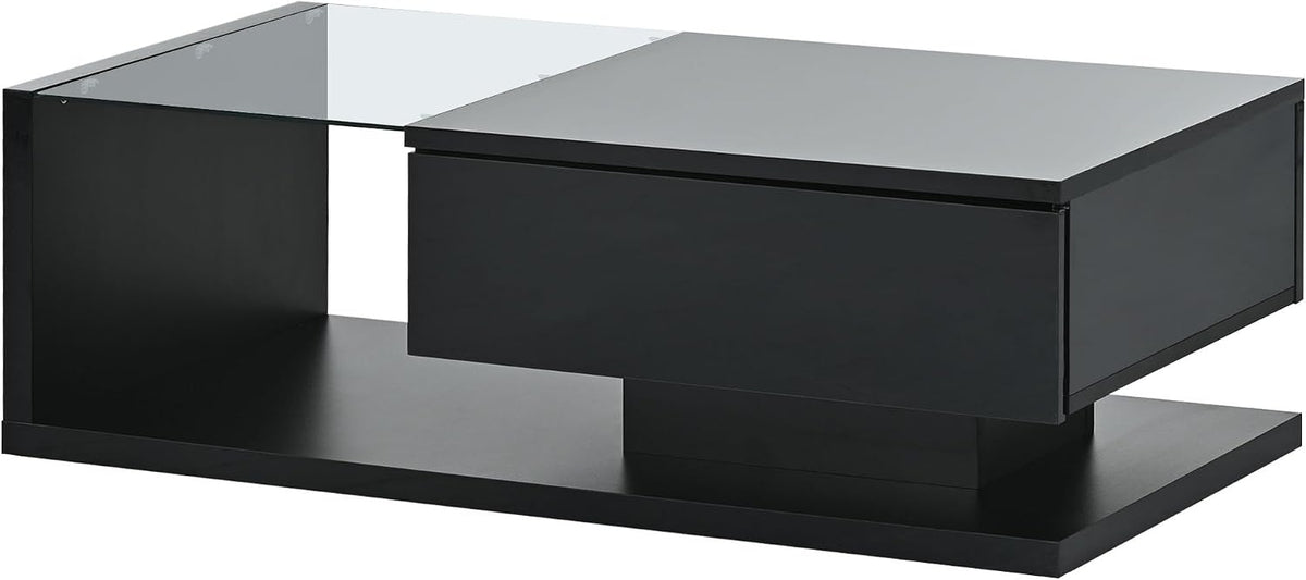 Modern Coffee Table with Tempered Glass, Wooden Cocktail Table with High-Gloss UV Surface, Modernist 2-Tier Rectangle Center Table for Living Room, Black
