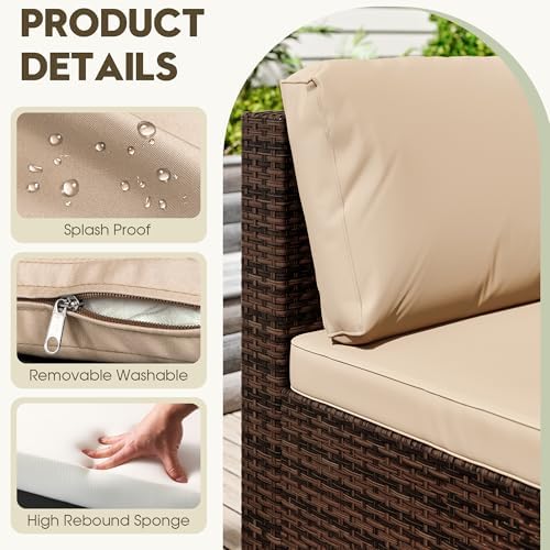 LHBcraft 7 Piece Outside Sectional Furniture Set, All Weather Wicker Patio Sofa, Outdoor Sectional Balcony Furniture with Beige Cushion & Glass Coffee Table