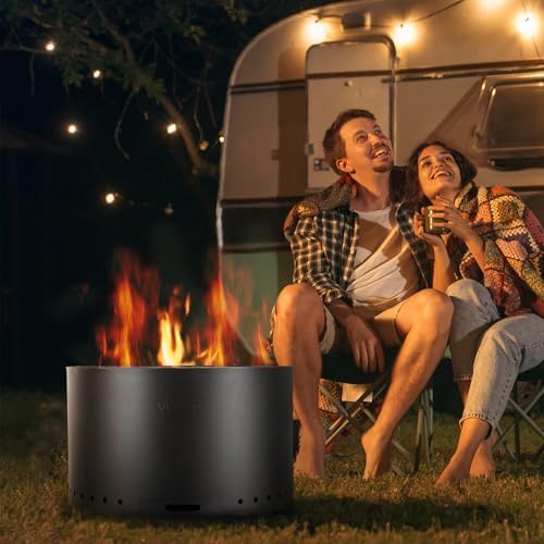 VEVOR Smokeless Fire Pit Stove Bonfire, H: 17 in x Dia: 28 in,Wood Burning Fireplaces with Removable Ash Pan, SUS430 Stainless Steel Inner Portable Outdoor Firepit,for Outdoor Patio Camping, Black