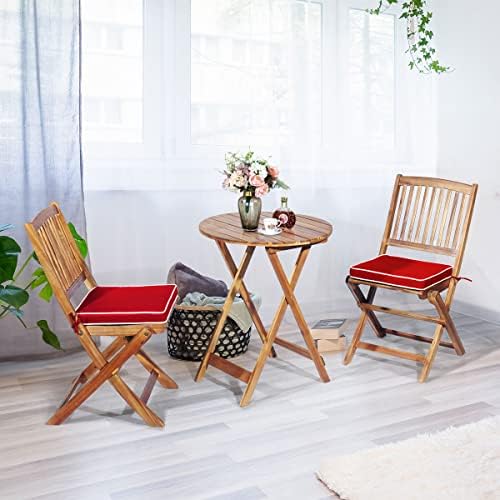 ORALNER 3-Piece Acacia Wood Folding Patio Bistro Set, Small Outdoor Balcony Furniture, Round Coffee Table and 2 Chairs with Soft Cushions, Teak Table Set for Porch, Backyard, Deck (Red)