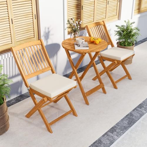 Tangkula 2 Pieces Folding Outdoor Dining Chairs, Acacia Wood Patio Chairs with Soft Cushions, Slatted Backrests and Seats, Outdoor Chairs for Porch, Balcony, Deck and Yard (One-Size,Beige,2)
