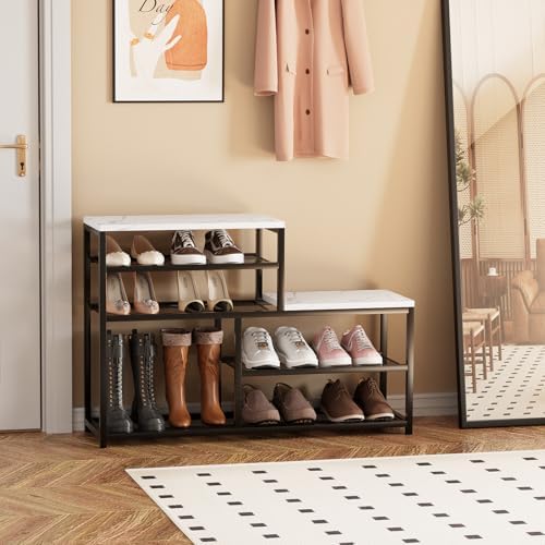 Shoe Rack Bench for Entryway,Free Standing Shoe Storage Organizer for Front Door Entrance,Boot Rack Holder Shelf for Closet with Seat,Sturdy Shoe Shelves for High Heels, Hallways,White Marble