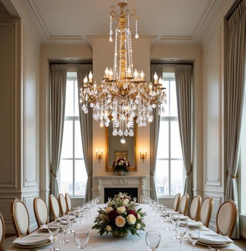 Gold Crystal Chandelier, Antique Gold Candle Chandelier High Ceiling H54"