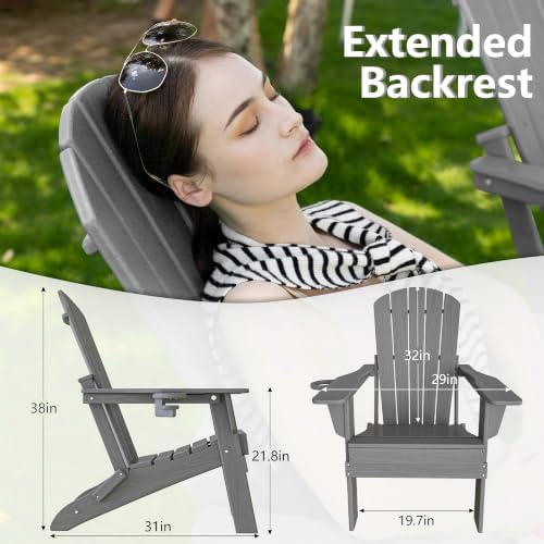 Plawdlik Folding Adirondack Chair Set of 6 with Cup Holder，Wooden Textured ，Heavy All-Weather HDPE Comfortable Set Poolside Backyard Lawn, Gray