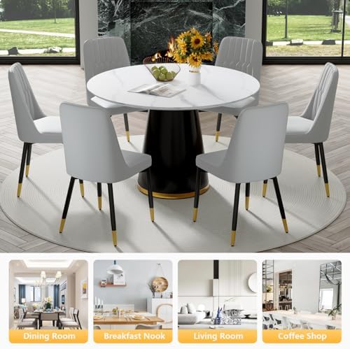 Round Dining Table Set for 6, 45" Round Wooden Dining Set with Cushioned Chairs, White Round Table and Chair Set for Kitchen