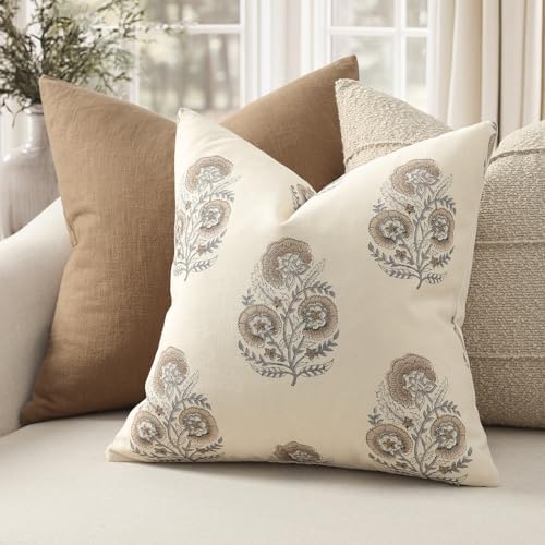 Vintage Floral Euro Sham Fall Pillow Covers 26x26 Set of 2 Patterned Accent Decorative Cushion Covers Modern Farmhouse Throw Pillow Covers for Bed Sofa Couch Chair Living Room Home Decor, Light Brown