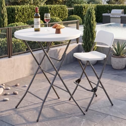 32" Round Folding Table, Portable Bar Height Folding Table with Detachable Legs, Round Foldable Table with HDPE Top for Standing Parties, Balcony, Event, Indoor Outdoor Use (White, 2 Pack)