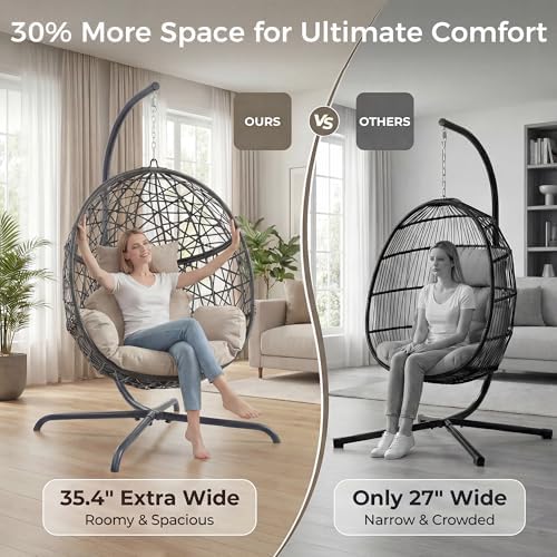 NICESOUL Oversized Patio Swing Egg Chair, Rattan Outdoor Indoor Hanging Egg Chair with Stand, Cozy Bird Cage Swinging Basket Chairs, 350 lbs Egg-Shape Padded Seat for Balcony Outside, Beige