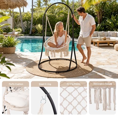 SUNCREAT Hammock Chair with Stand Included, Heavy Duty Hanging Chair with Stand, 330 lbs Capacity, Patented, Beige