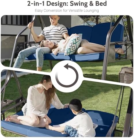 3-Seat Outdoor Porch Swing with Stand for Adults, 800lbs Convertible Swing Bed & Patio Swing with Canopy, Deep Cup Holder, Reinforced Seat, Thicken Cushions for Garden, Yard & Balcony, Blue