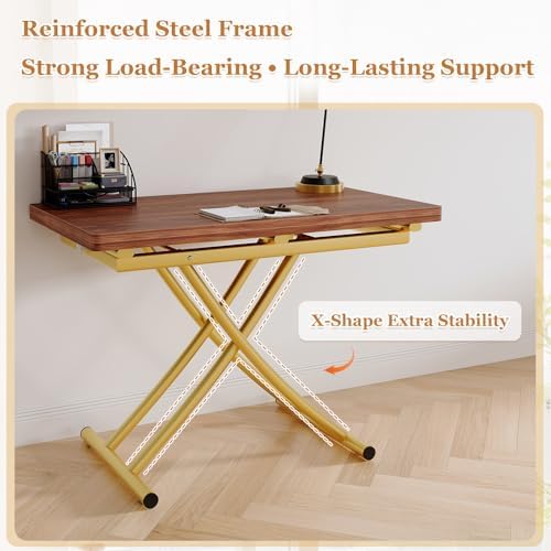 Adjustable Height Coffee Table, Folding Dining Table, Walnut&Gold