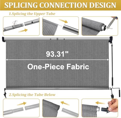 Shade&Beyond Outdoor Roller Shades with Splicing Design, 8' W x 8' H Cordless Patio Roll Up Blinds, Exterior Shade Cloth Roll for Porch, Gazebo, Pergola, Balcony, Gray