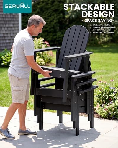 SERWALL HDPE Stackable Adirondack Chairs Set of 2,Space-Saving, Black