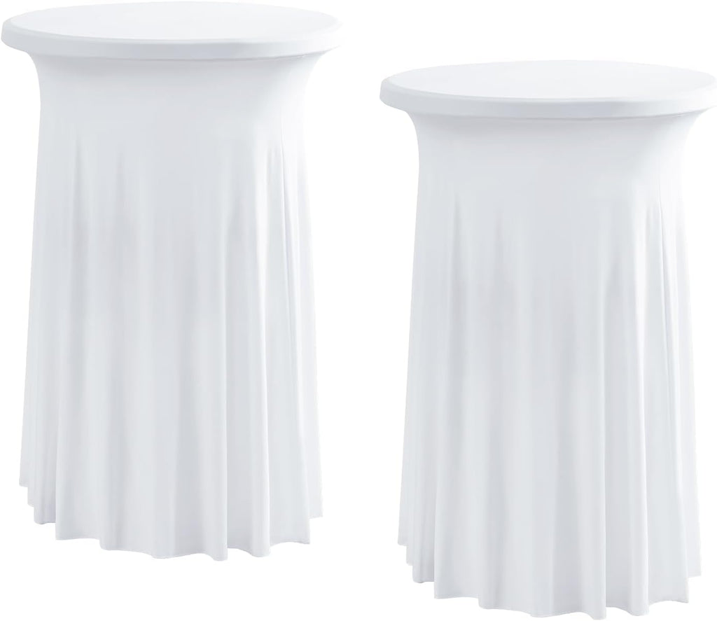 Rakila 2 Pack Round 43 x 24 Inch Spandex Cocktail Tablecloth with Wavy Skirt White Fitted Stretch Table Cover for Bar Wedding Party