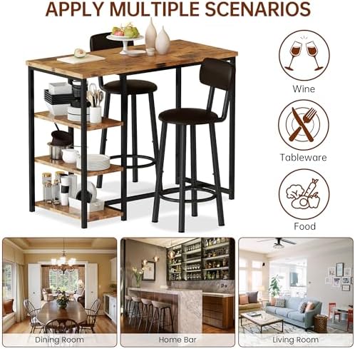 Kitchen Dining Table Set for 2, Bar Table and Chairs Set with 3 Storage Shelves, Tall Dining with 2 PU Leather Backrest Stools for Small Space, Kitchen Island, Apartment, Brown