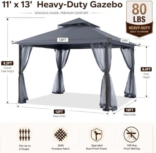 MASTERCANOPY 11x13 ft Stable Patio Gazebo with Netting Walls, Dark Gray