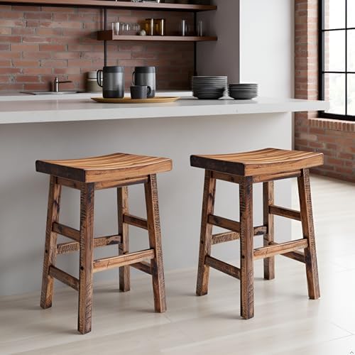 Alaterre Durango Solid Wood Rustic Bar Stool Set of 2, Natural, 26-Inch