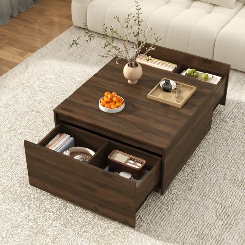 31 Inch Large Square Coffee Table with Storage,Wooden Coffee Table(Walnut)