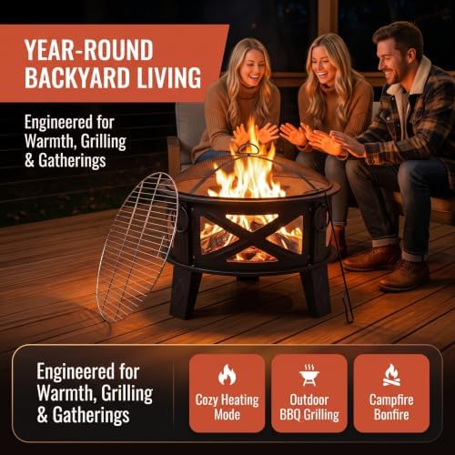 Fire Beauty 26" 2-in-1 Fire Pit with BBQ Grill, Spark Screen & Poker, Black