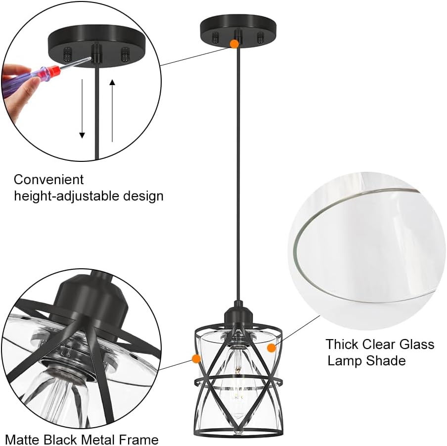 DSMJFU Black Glass Pendant Lights Kitchen Iskland Set of 2 for Bedroom Sink