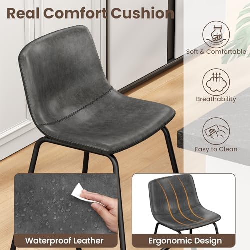 REONEY Bar Stools Set of 2, 26" Urban Faux Leather Counter Stools, Grey