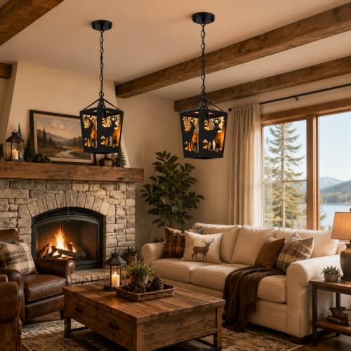 farmhouse rustic deer pendant light, 2 pack metal, package contents